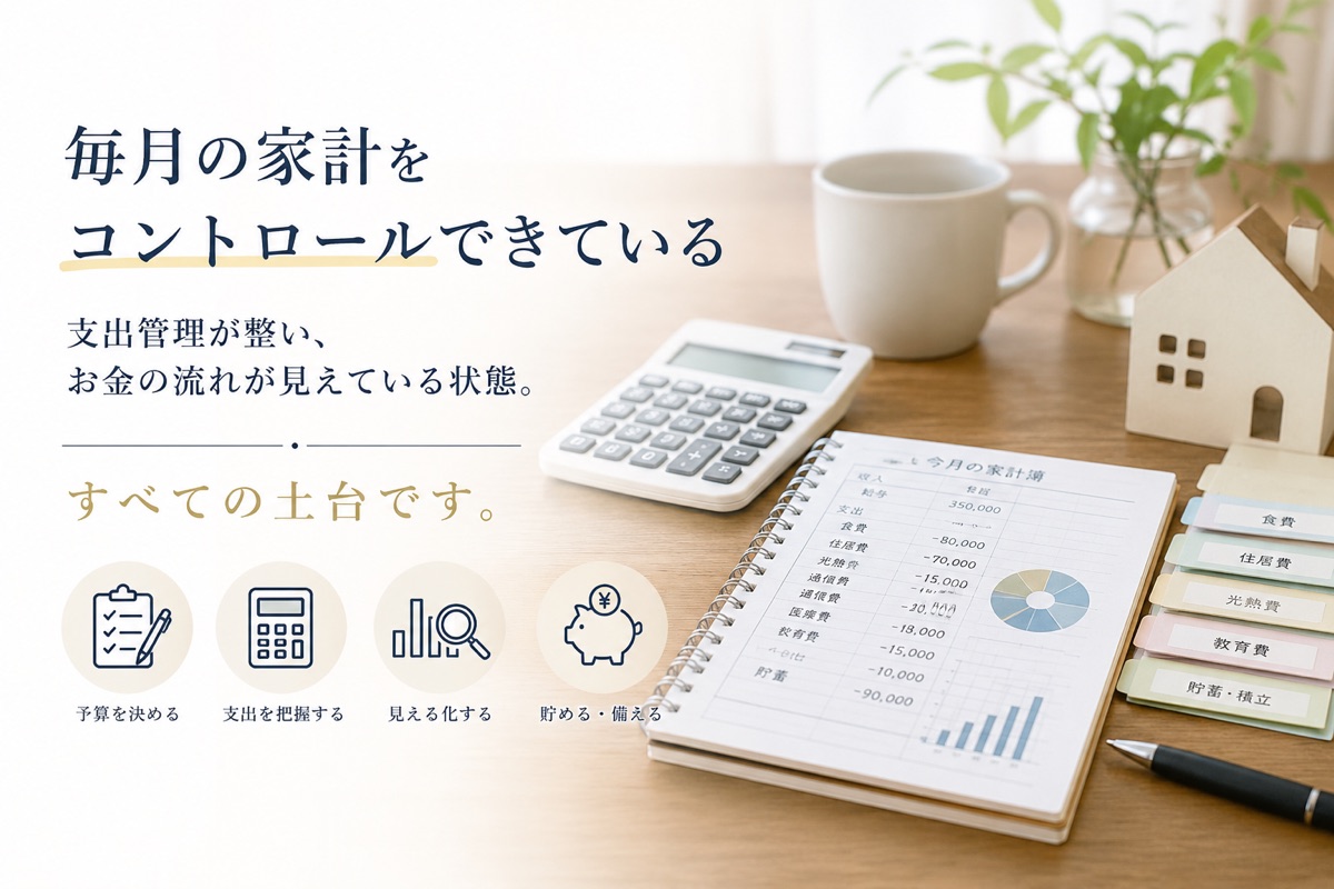 01 毎月の家計をコントロールできている — 支出管理が整い、お金の流れが見えている状態。すべての土台です。