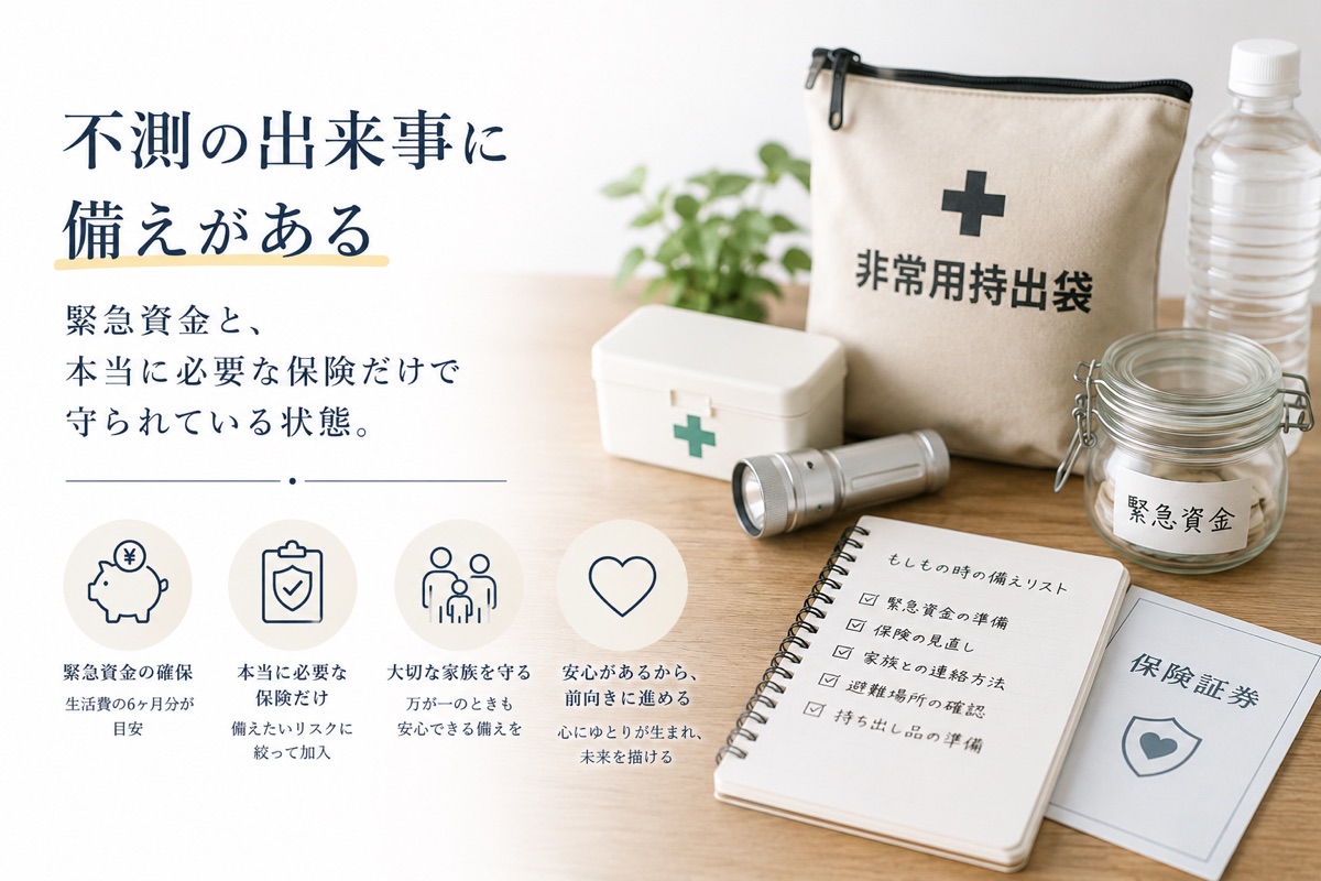 02 不測の出来事に備えがある — 緊急資金と、本当に必要な保険だけで守られている状態。